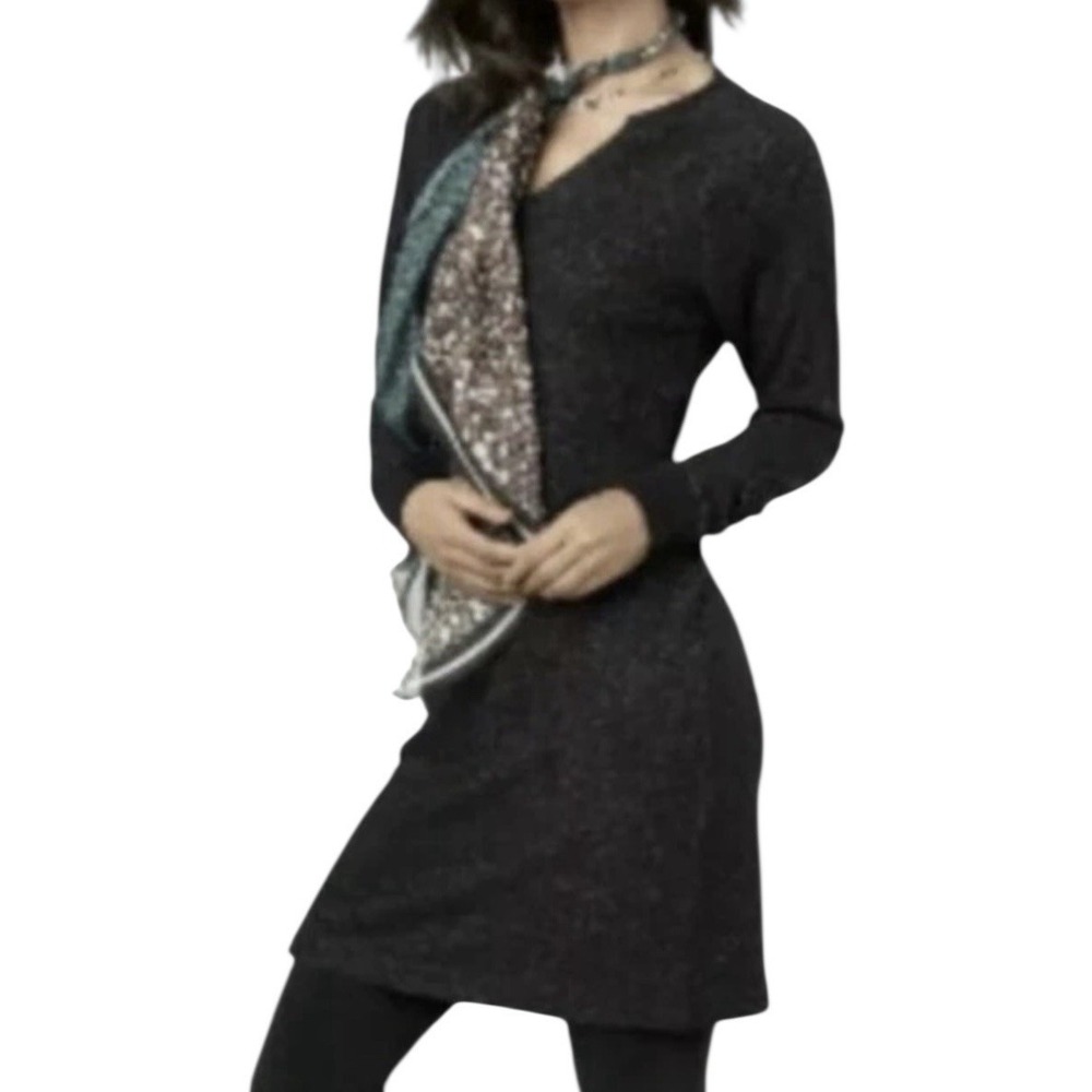 Cabi Dress Women's Large Soft Knit Heathered Black Stretch V-neck Long sleeve